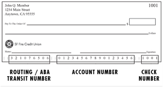 Check example including routing number location and bank account number location