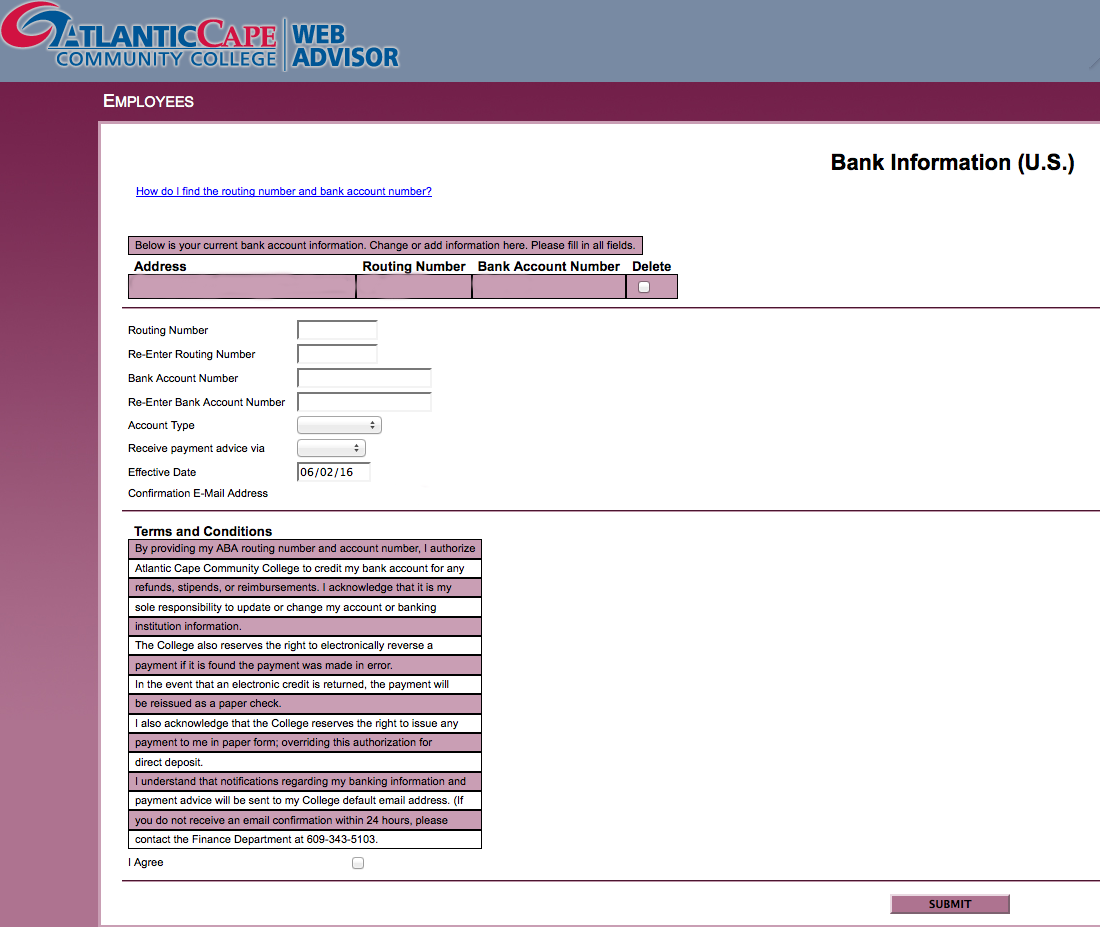 sample screenshot of webadvisor bank info screen