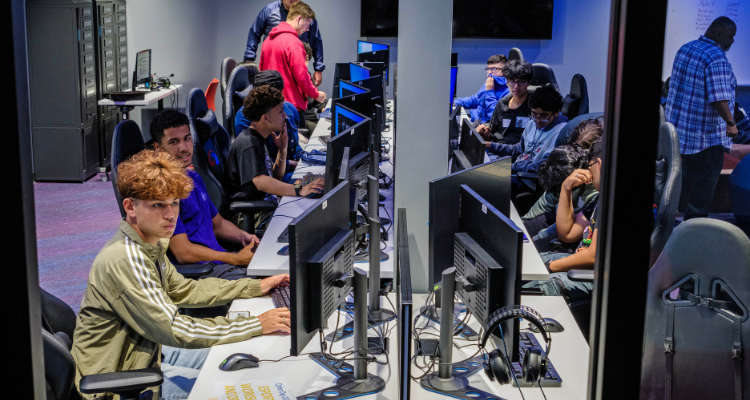 Students from Atlantic City High School try out the new Esports lab in the Innovation Center during Cyber Day